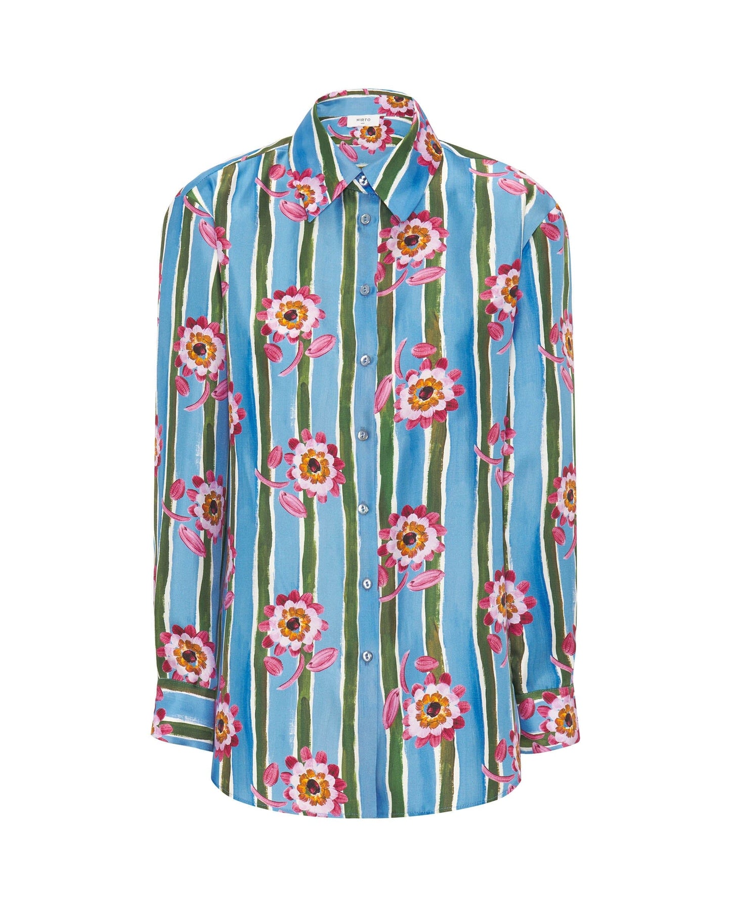 Blusa azul estampado floral con raya de seda Shirts & Blouses Mirto