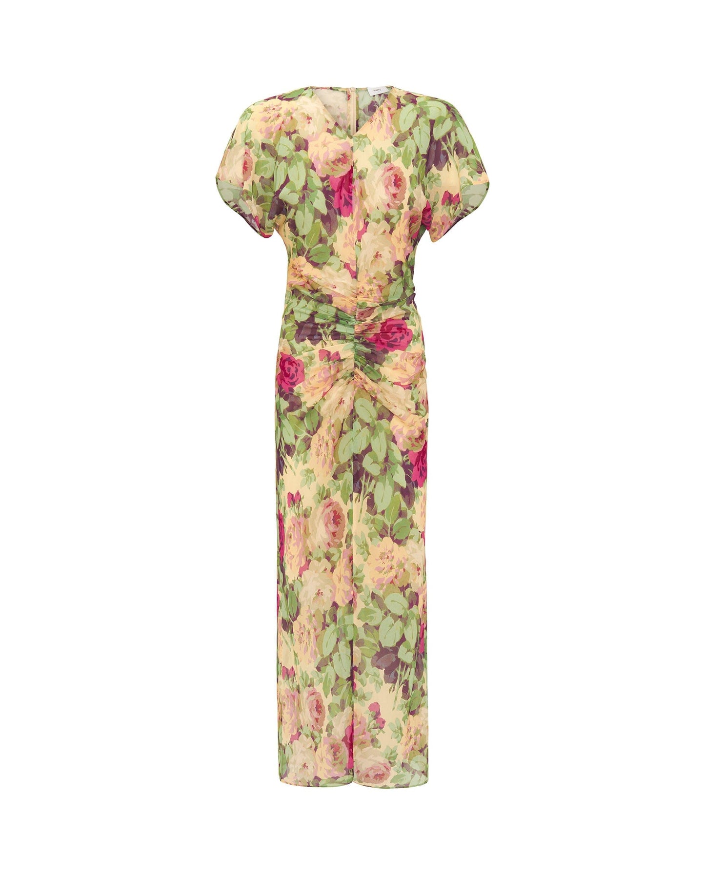 Vestido rosa drapeado de gasa estampado floral Dresses Mirto