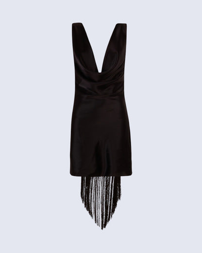 PRE ORDER | Fringed Black Satin Mini Dress