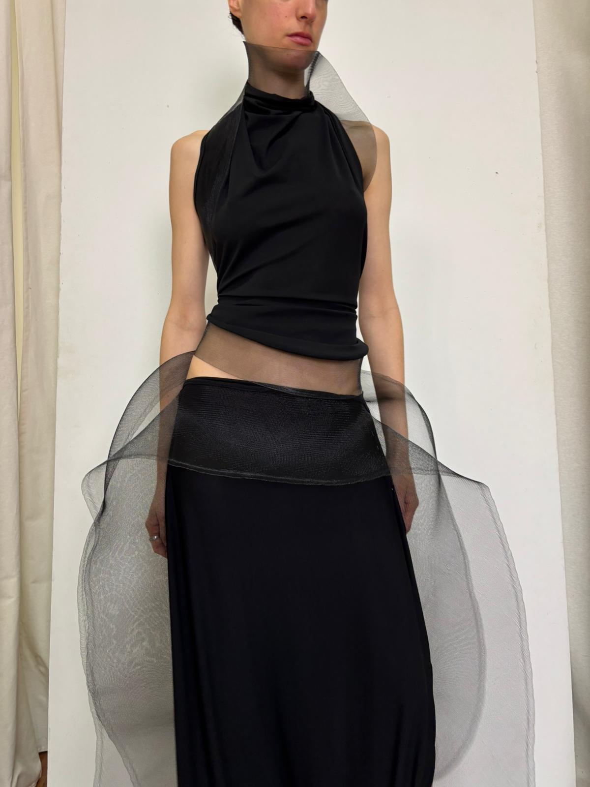 Draped Midi Skirt in Silk Jersey with Organza