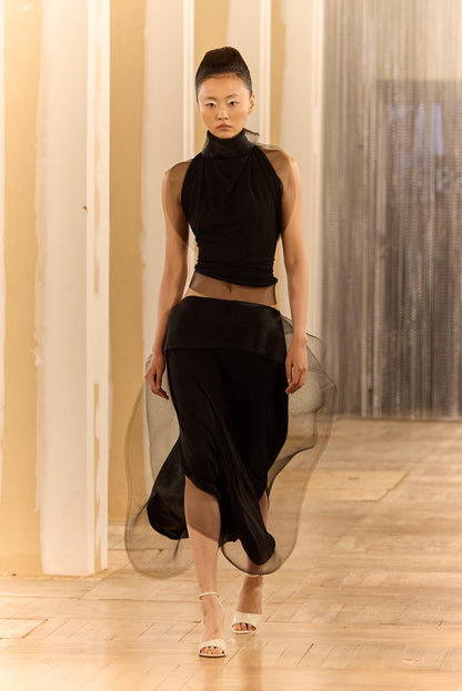 Draped Midi Skirt in Silk Jersey with Organza
