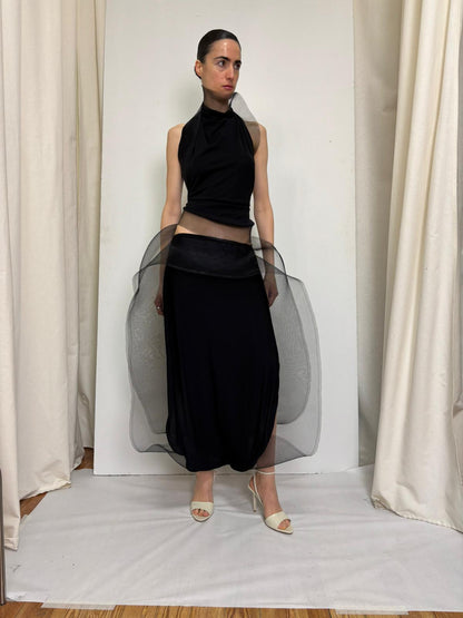 Draped Midi Skirt in Silk Jersey with Organza