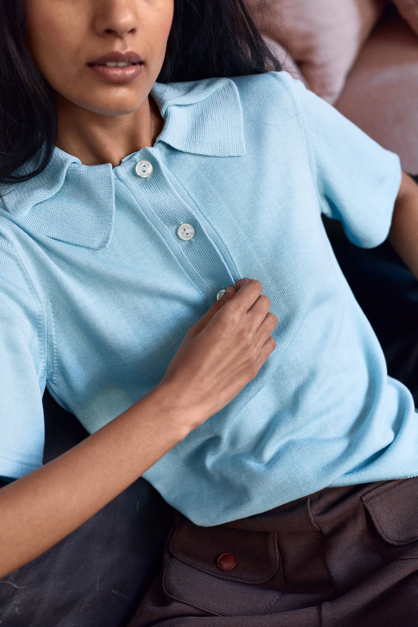 Antonia Silk Polo Sky Blue Shirts & Tops Laia Alen 