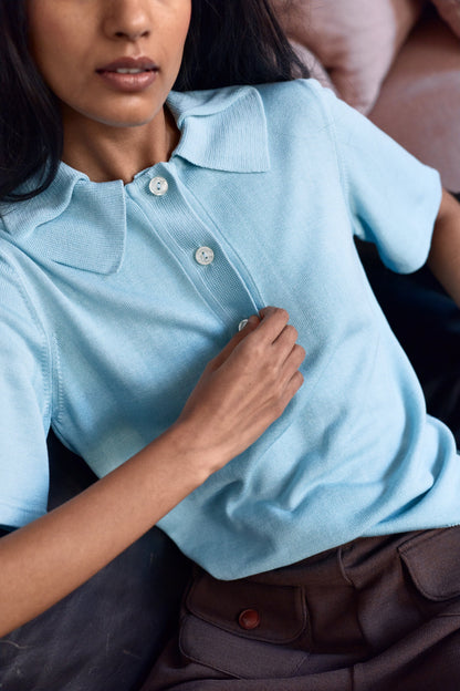 Antonia Silk Polo Sky Blue Shirts & Tops Laia Alen 