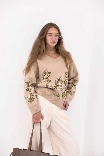 Beige floral jacquard cashmere wool sweater Sweaters Mirto 