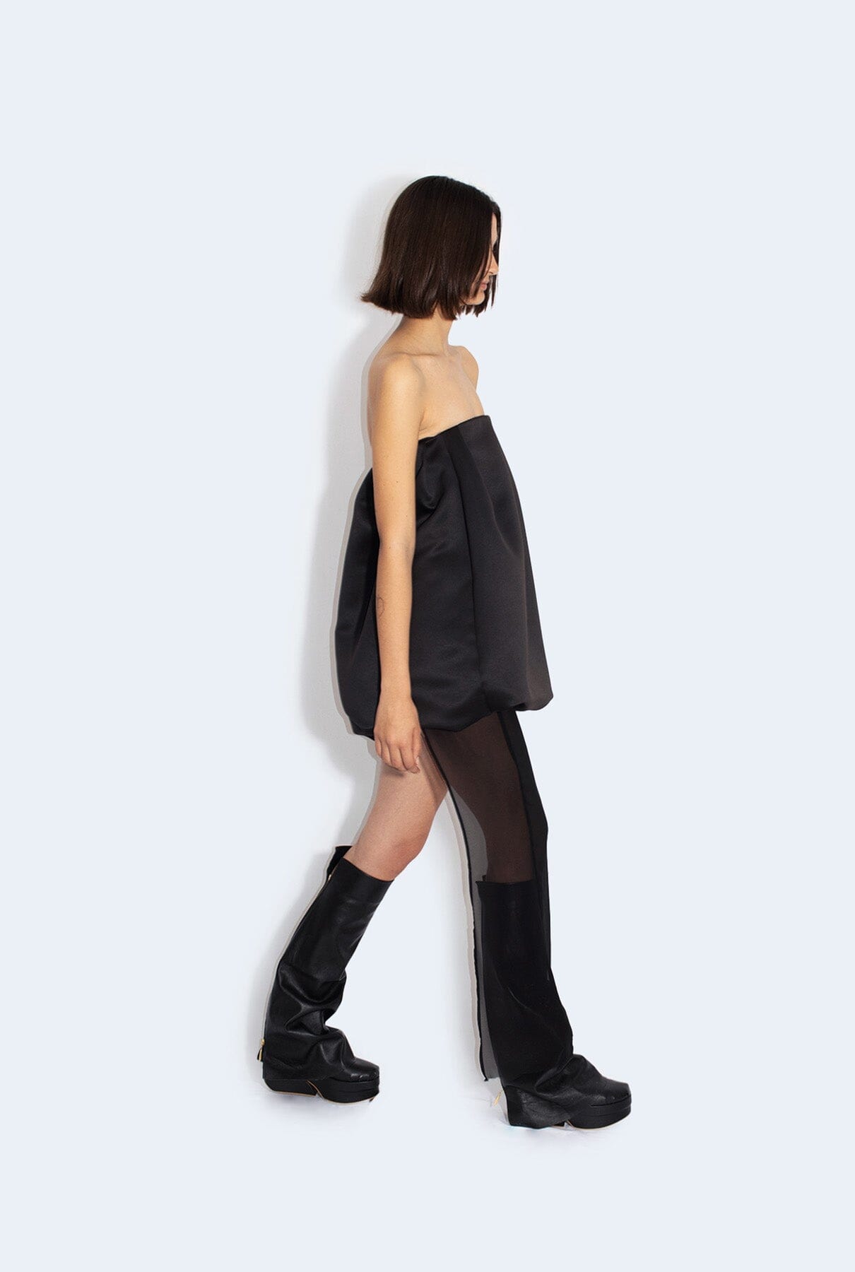 Black satin asymmetrical volume minidress Dresses Habey Club 