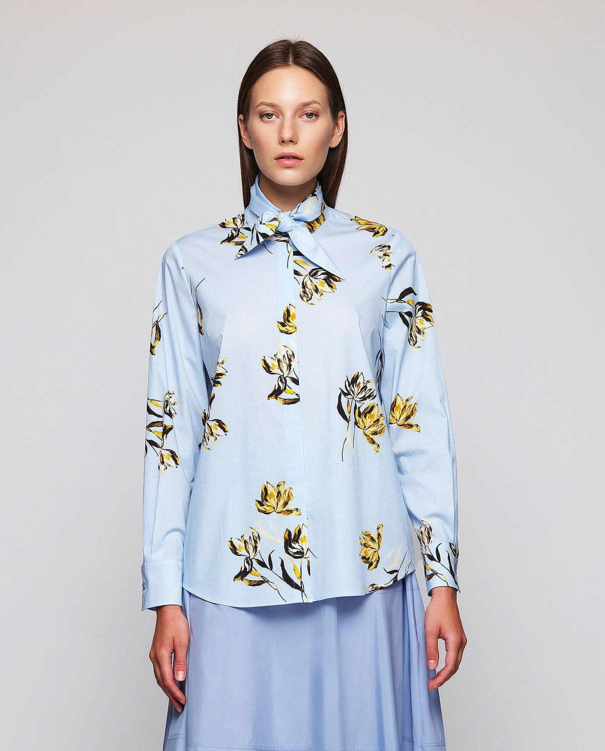 Blue Floral Print Shirt with Bow Shirts & blouses Mirto XS / 36 