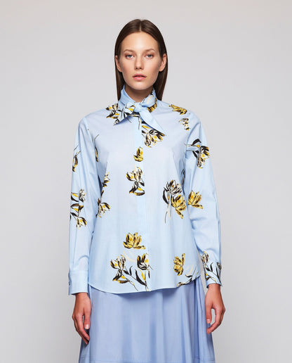 Blue Floral Print Shirt with Bow Shirts & blouses Mirto XS / 36 