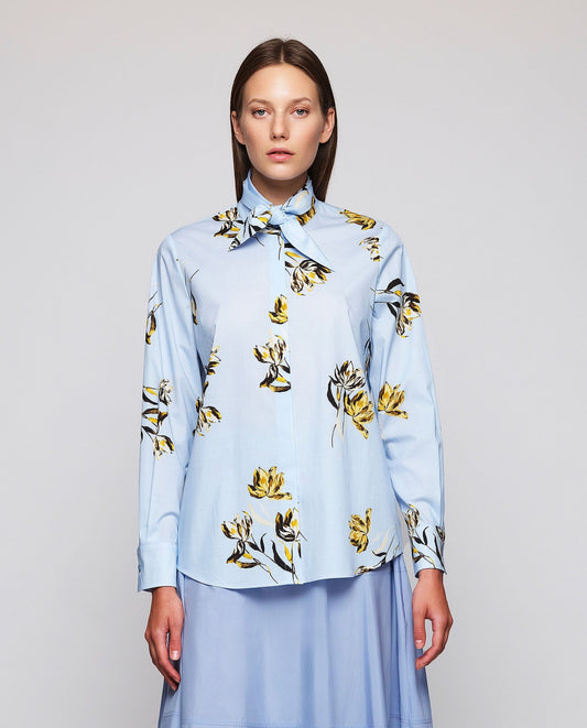 Blue Floral Print Shirt with Bow Shirts & blouses Mirto XS / 36 
