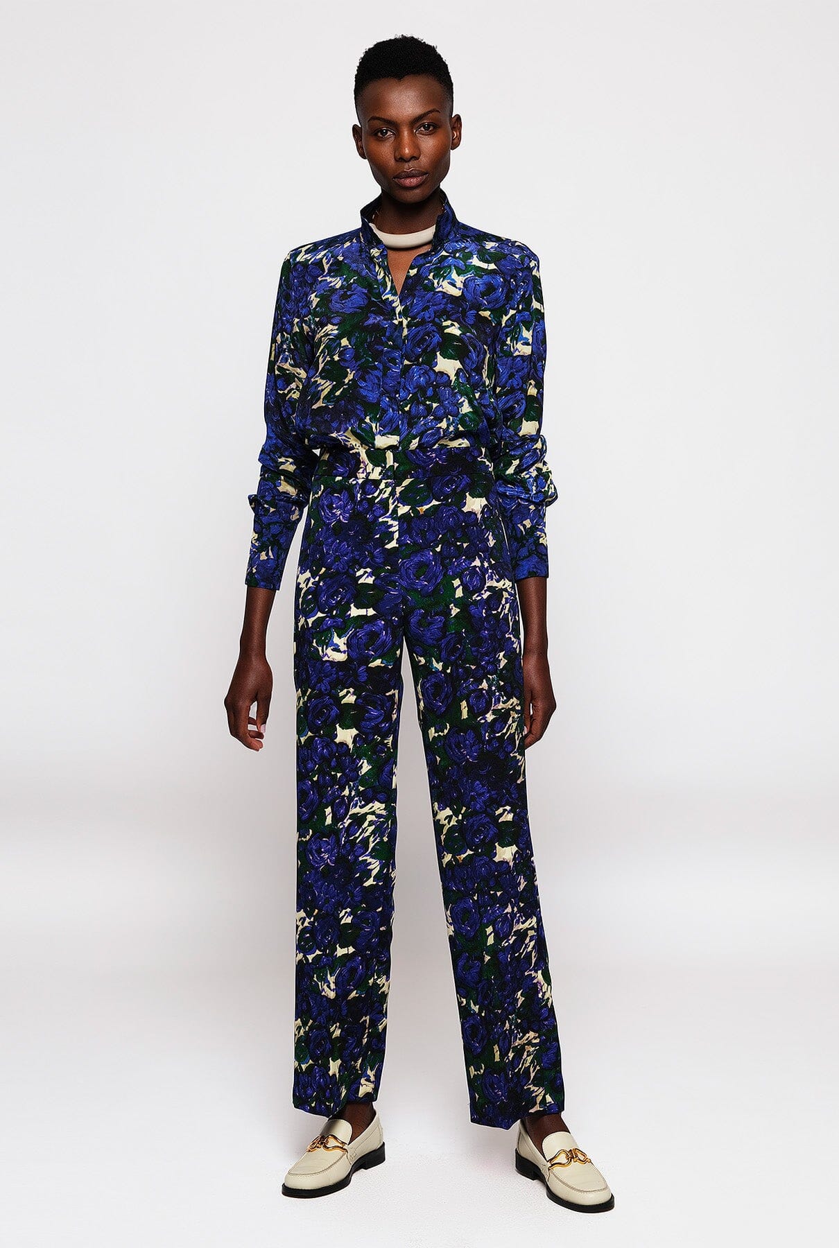 Blue & green floral print straight trousers Trousers Mirto 