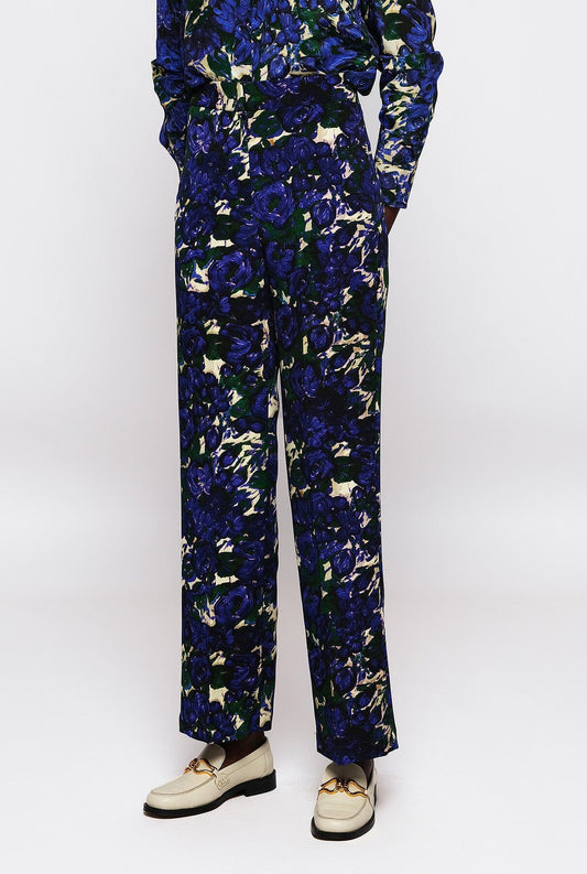 Blue & green floral print straight trousers Trousers Mirto 