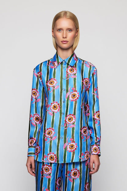 Blusa azul estampado floral con raya de seda Shirts & Blouses Mirto S / 36 
