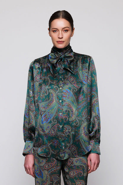 Blusa verde estampado paisley de seda Shirts & blouses Mirto 