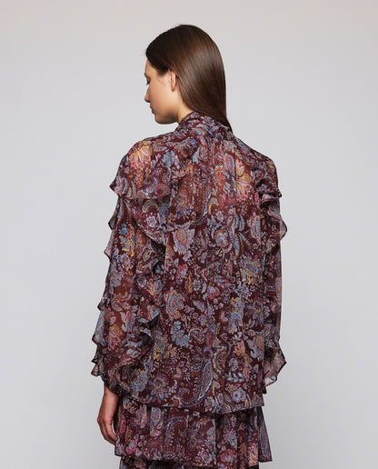 Burgundy Paisley Print Ruffle Blouse Shirts & blouses Mirto 