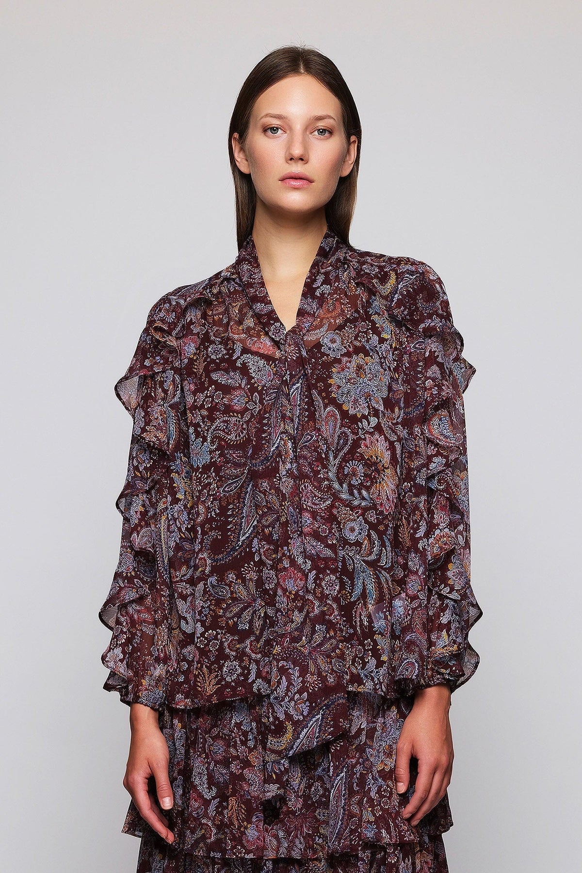 Burgundy Paisley Print Ruffle Blouse Shirts & blouses Mirto XS / 36 