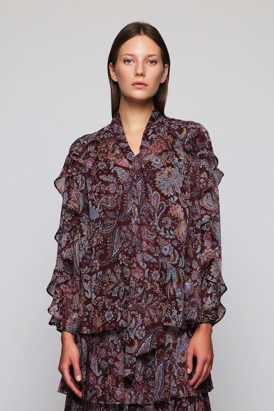 Burgundy Paisley Print Ruffle Blouse Shirts & blouses Mirto XS / 36 