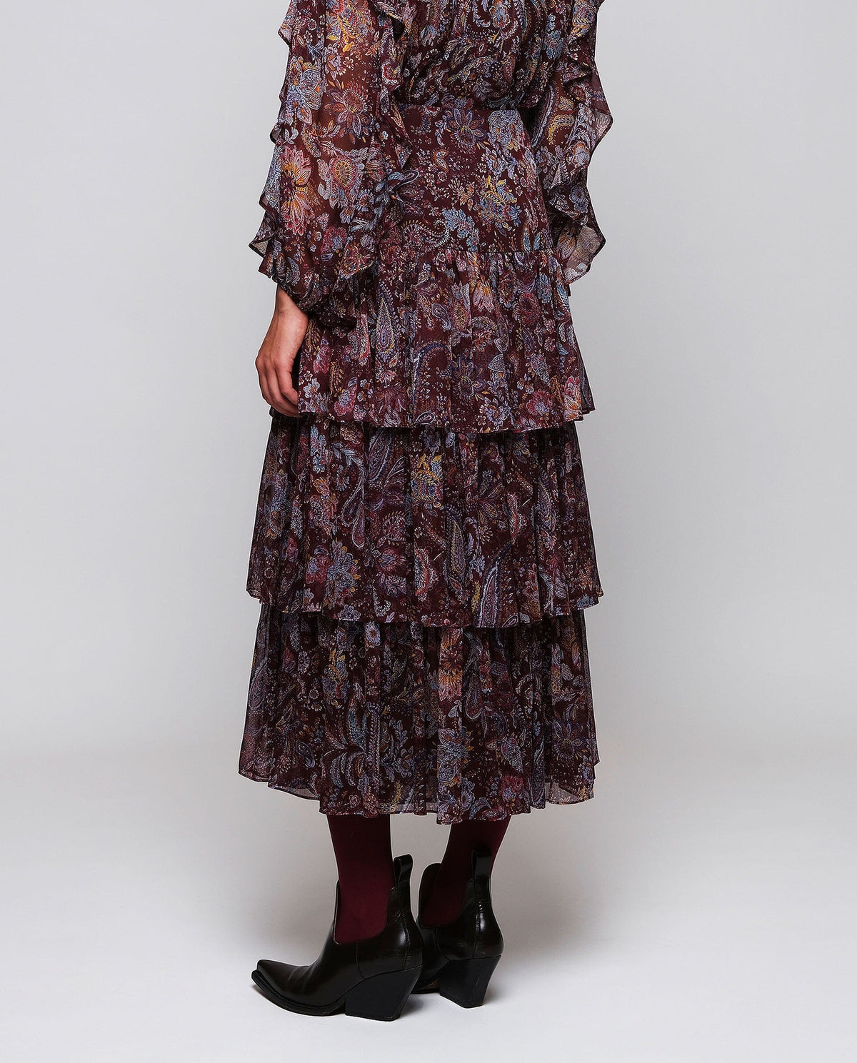 Burgundy Paisley Print Ruffle Skirt Skirts Mirto 