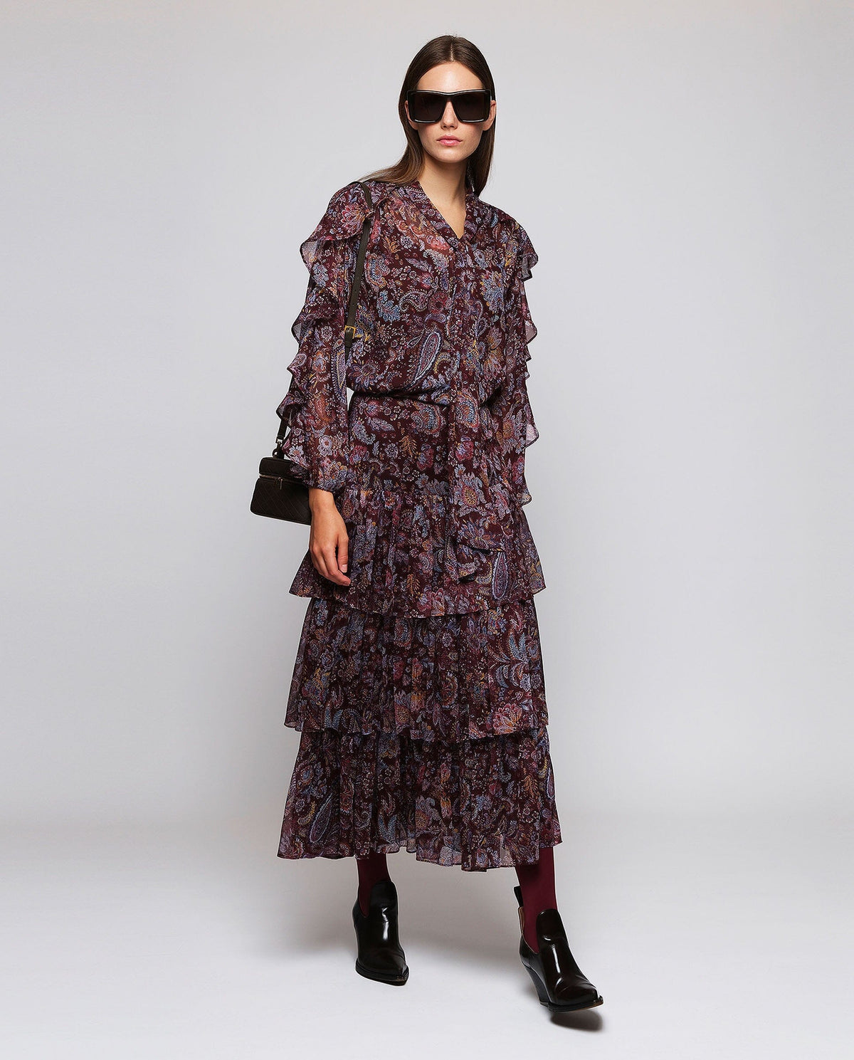 Burgundy Paisley Print Ruffle Skirt Skirts Mirto 