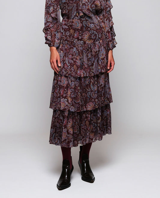 Burgundy Paisley Print Ruffle Skirt Skirts Mirto XS / 36 