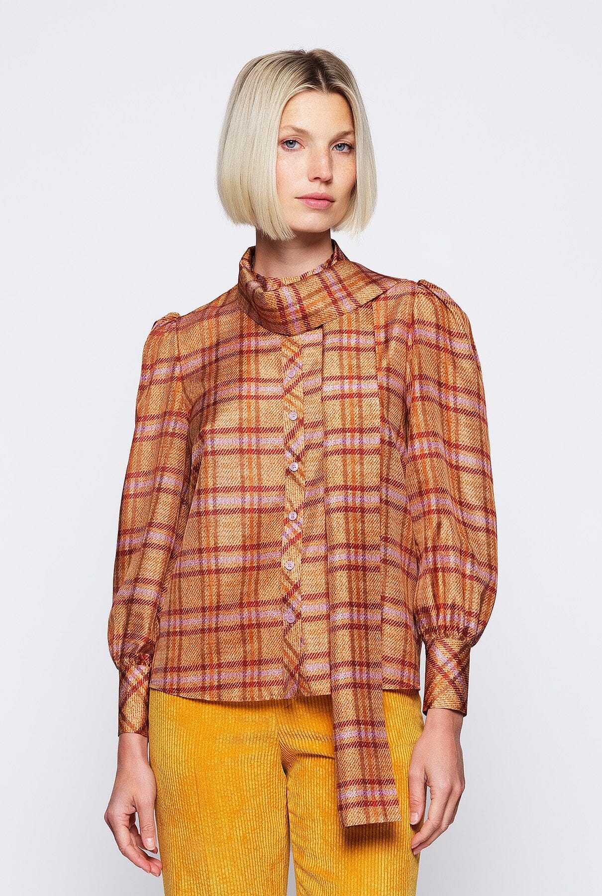 Camel habutai silk plaid blouse Shirts & blouses Mirto