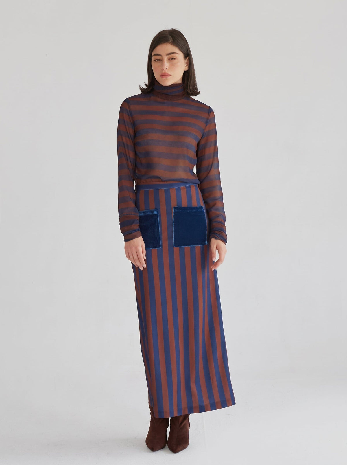 Claudia Navy-Brown Striped Skirt Skirts Julise Magon 