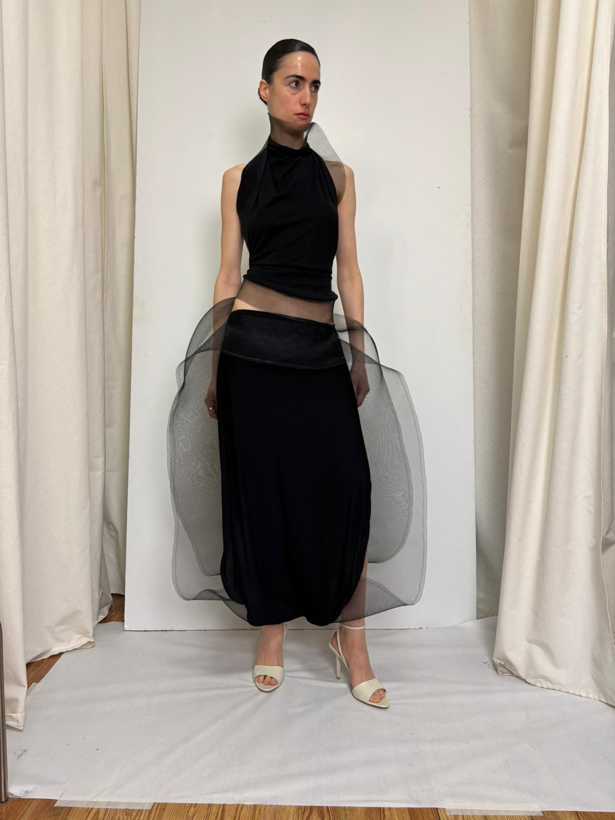 Draped Midi Skirt in Silk Jersey with Organza Skirts Ernesto Naranjo 