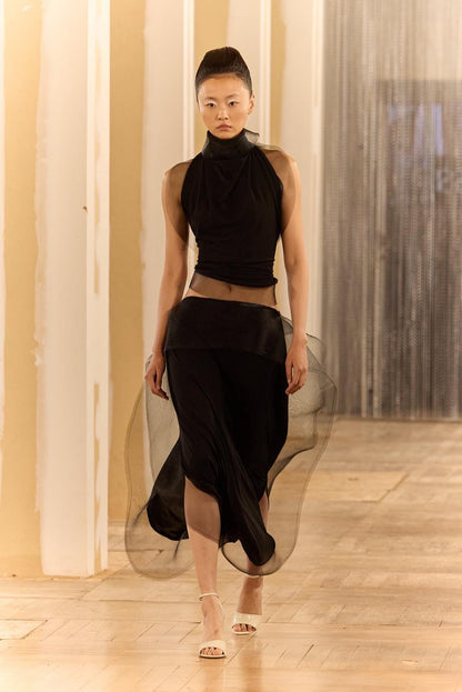 Draped Midi Skirt in Silk Jersey with Organza Skirts Ernesto Naranjo 