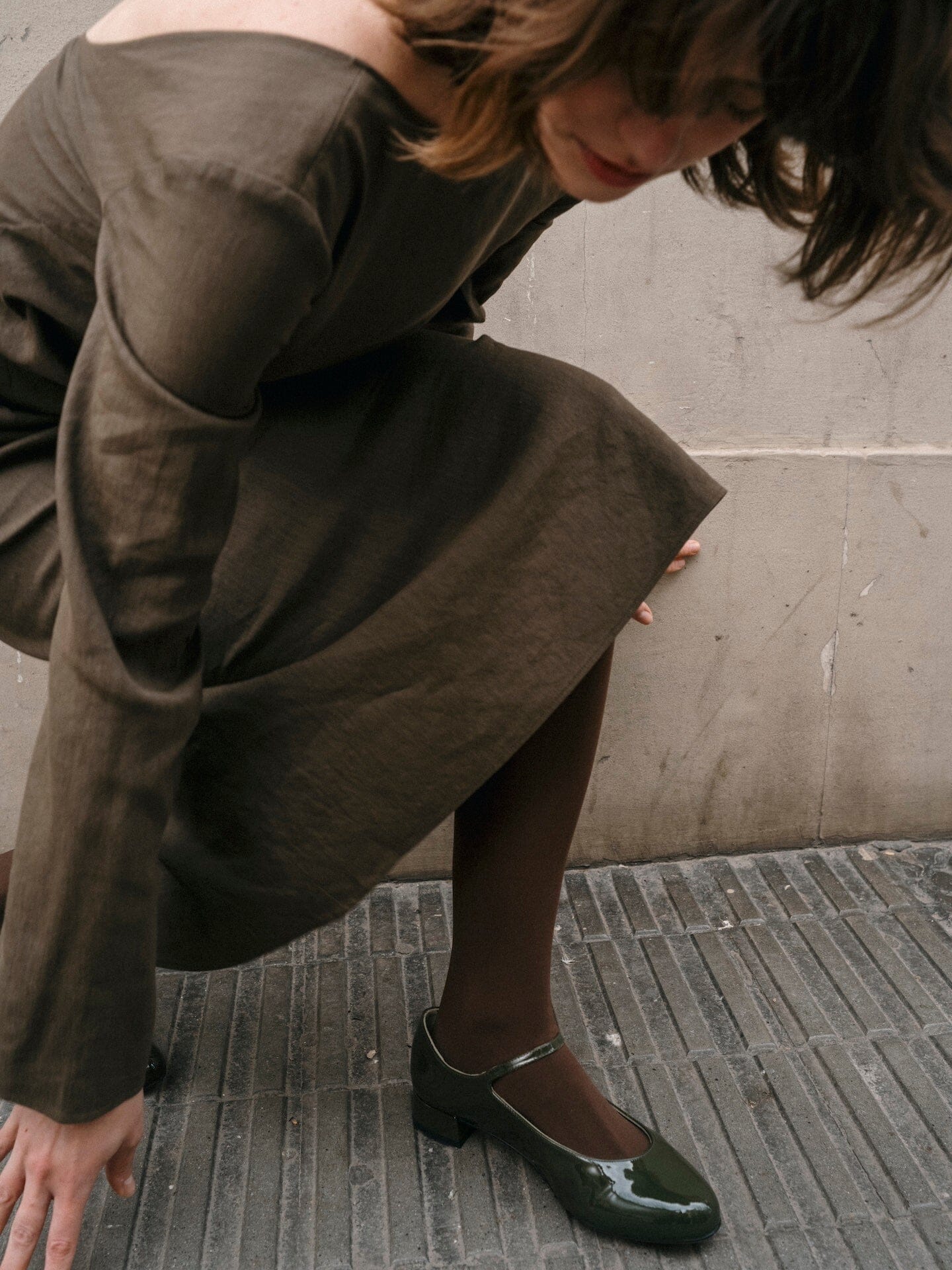 Emilia Mary Janes in Khaki Patent Leather Flat shoes AUGUSTA 