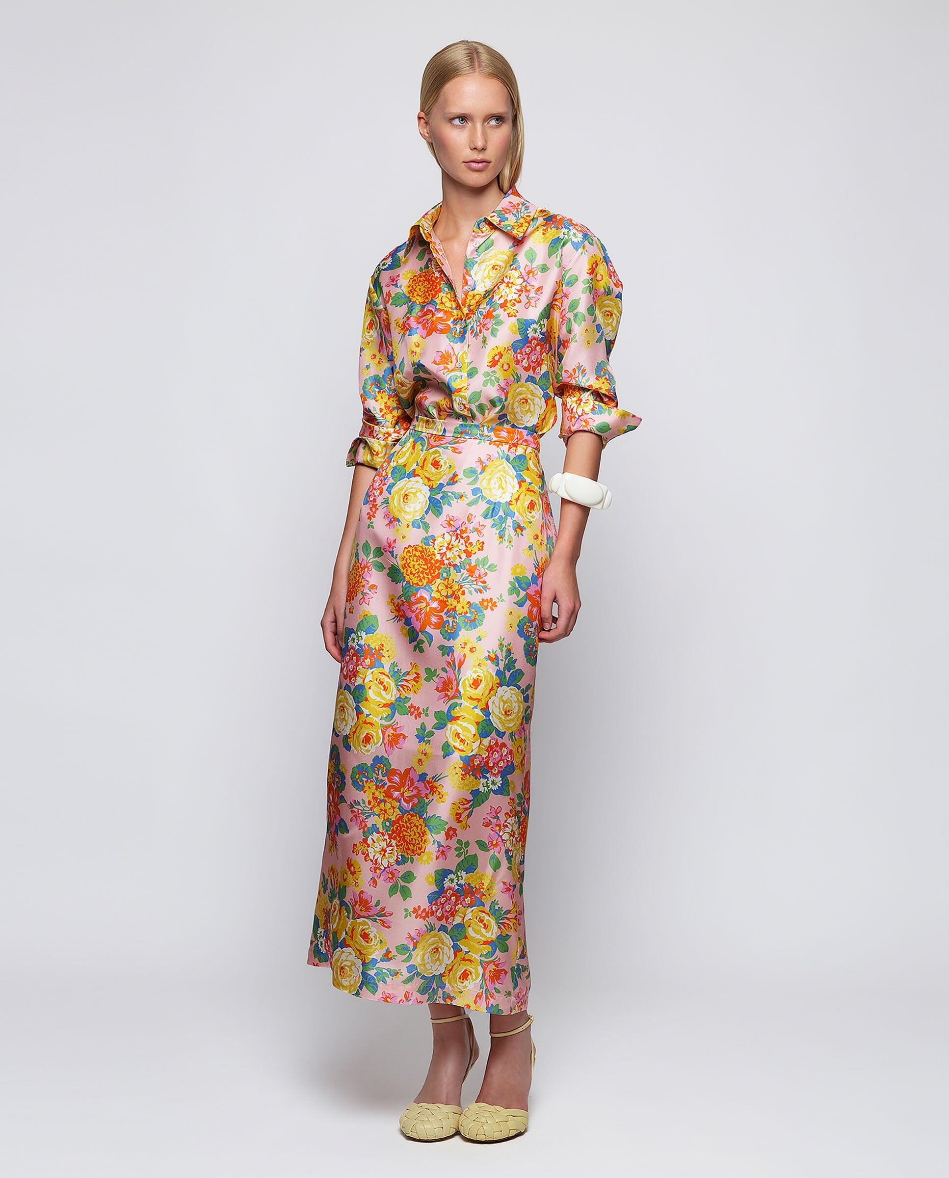 Falda larga estampado floral rosa de seda Skirts Mirto 