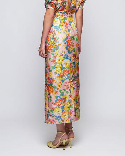 Falda larga estampado floral rosa de seda Skirts Mirto 