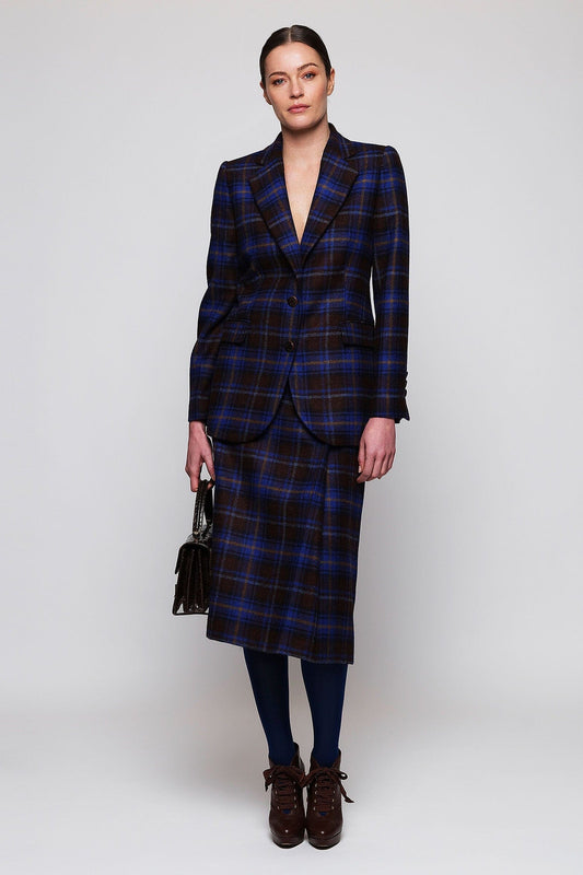 Falda midi azul cuadros de lana Shetland · Mirto