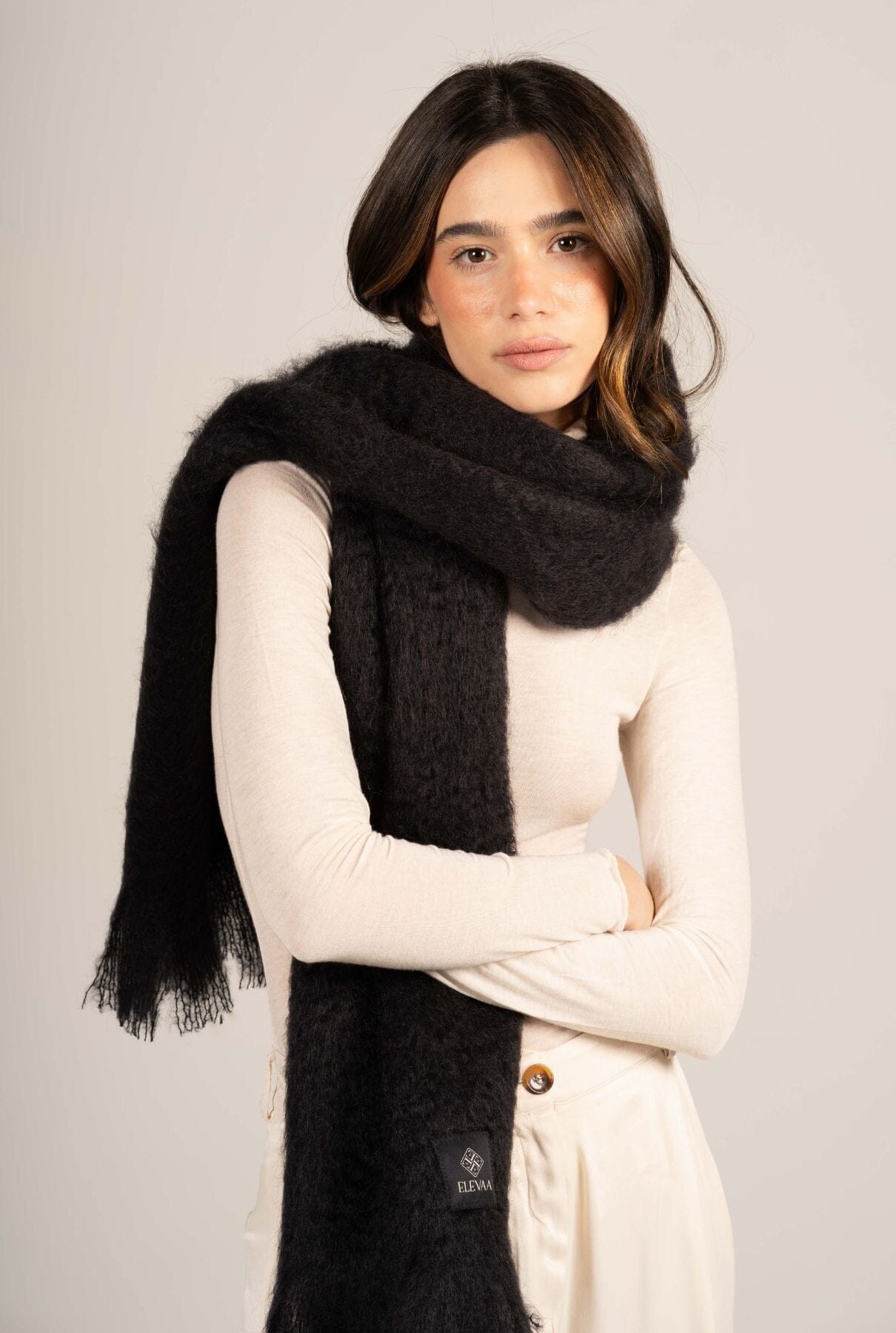 Glossy Black Mohair Scarf Accessories ELEVAA 