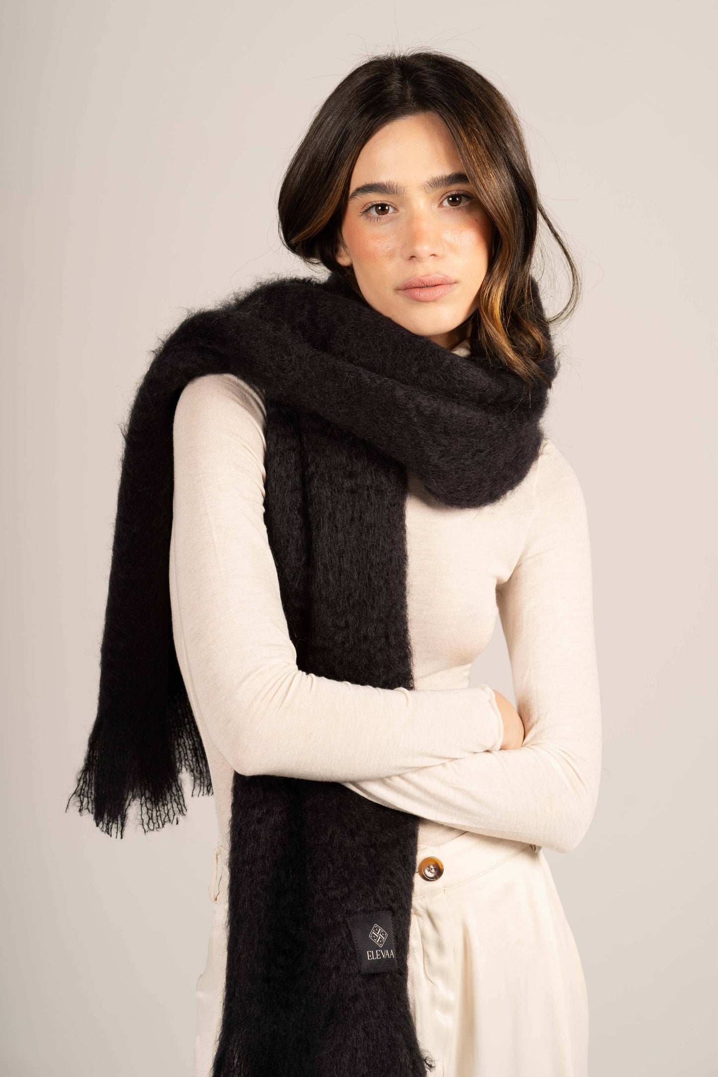 Glossy Black Mohair Scarf Accessories ELEVAA 