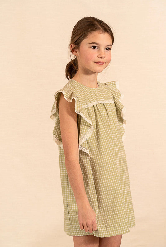 Gordes Dress Sage Green Check Kids Clothing Amaia London 