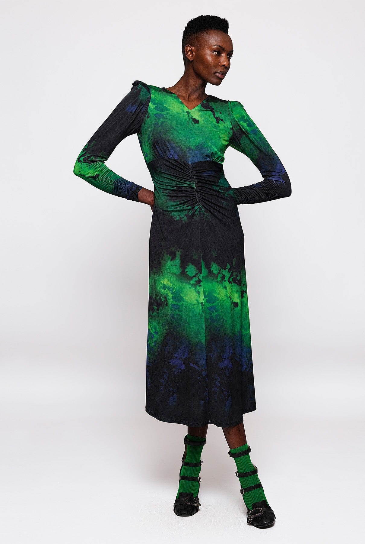 Green & black print knit fabric dress Dresses Mirto 