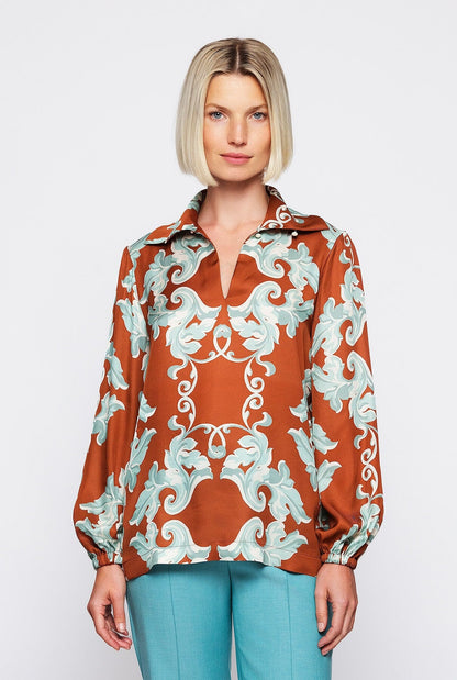 Hazelnut tone ornamental print blouse Shirts & blouses Mirto 