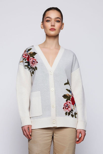 Jacquard wool cardigan with floral embroidery Shirts & Blouses Mirto 