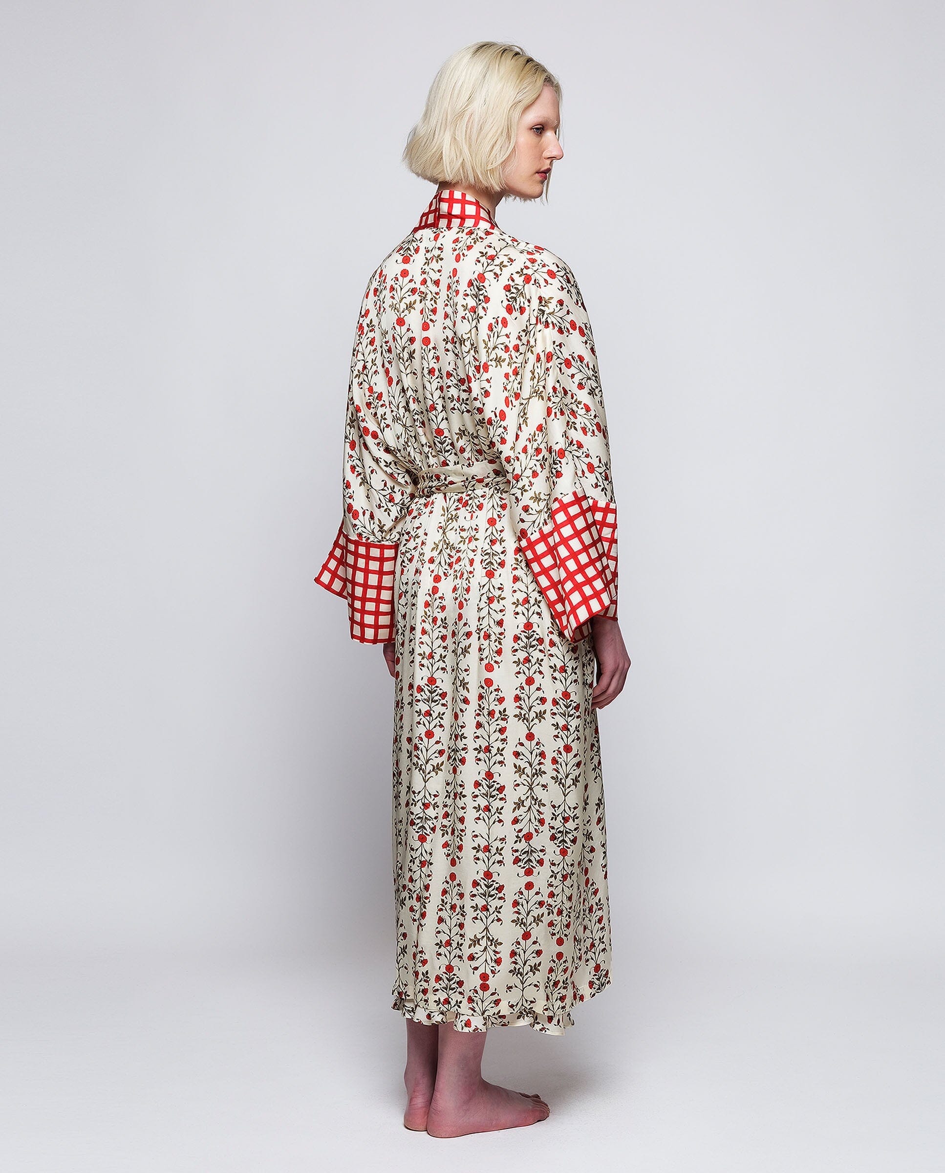 Kimono estampado floral rojo con aplique Robe Mirto 