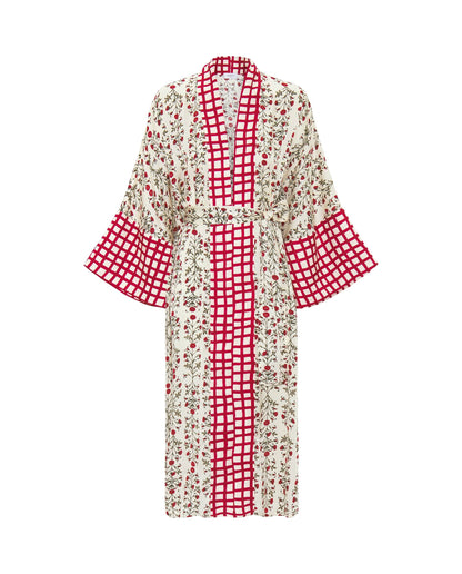 Kimono estampado floral rojo con aplique Robe Mirto 