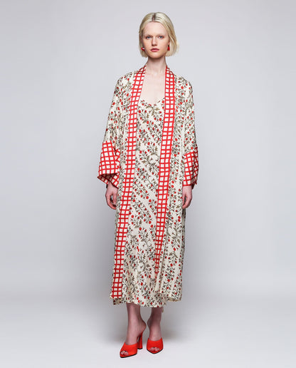 Kimono estampado floral rojo con aplique Robe Mirto 