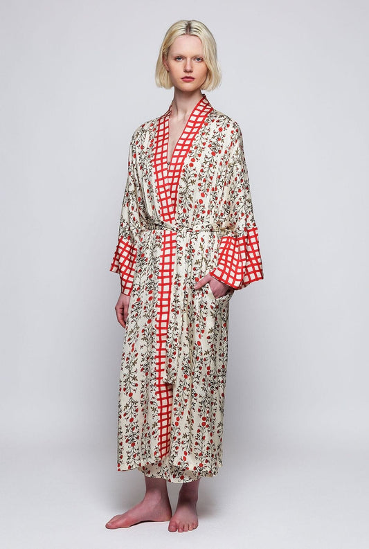 Kimono estampado floral rojo con aplique Robe Mirto 