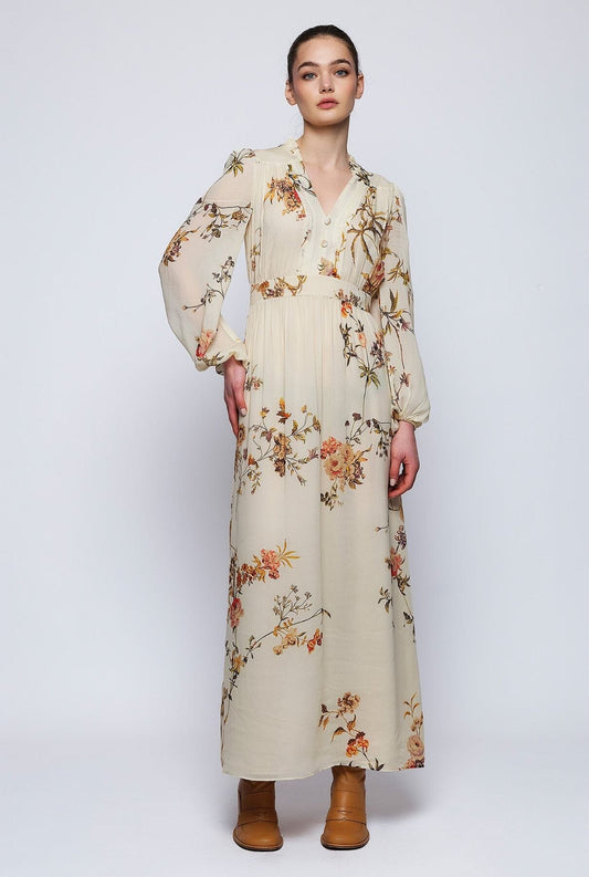Long beige floral chiffon dress Dresses Mirto 