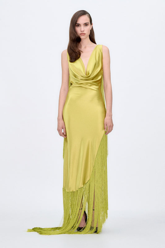 *MADE TO ORDER | Fringed Lime Satin Long Dress Dresses PALOMO SPAIN 