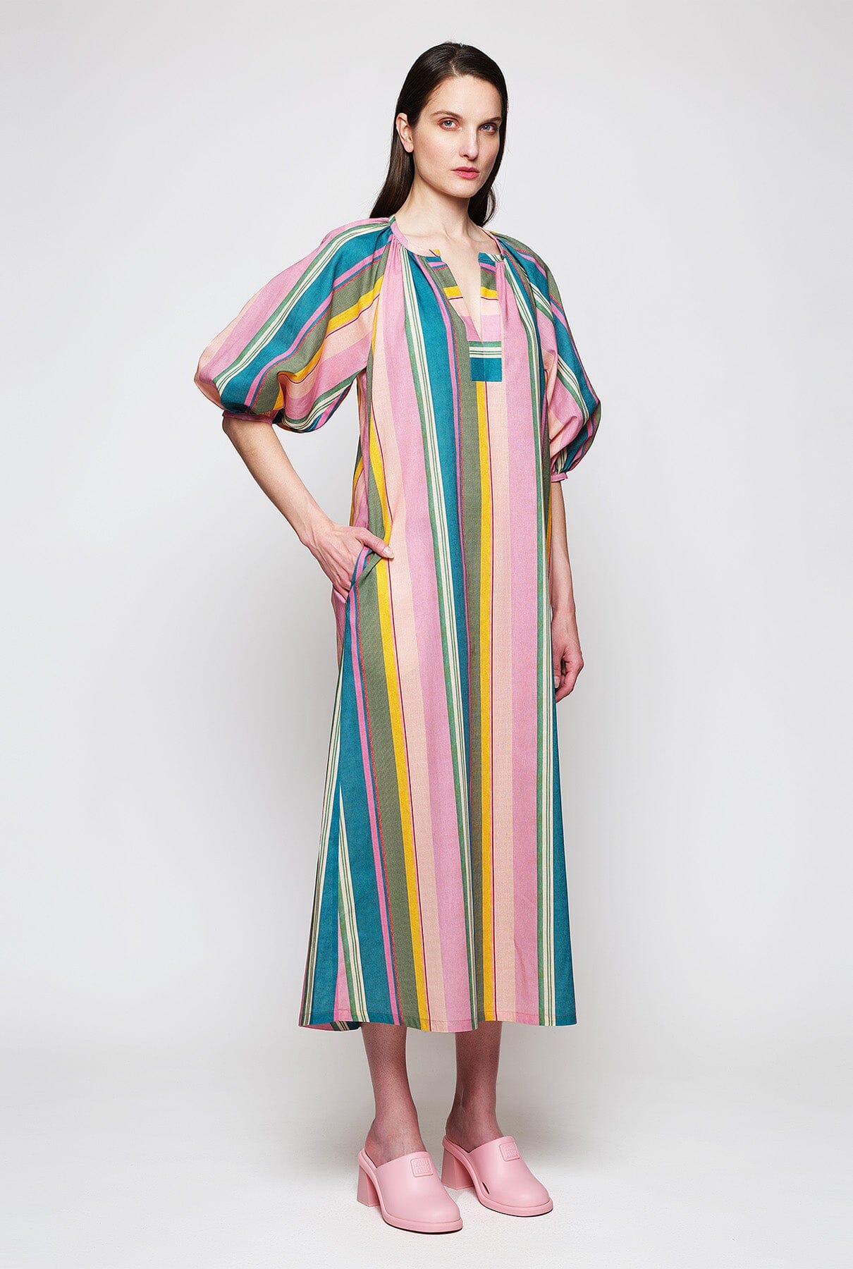Multicolor cotton & linen striped kaftan Long Dresses Mirto 