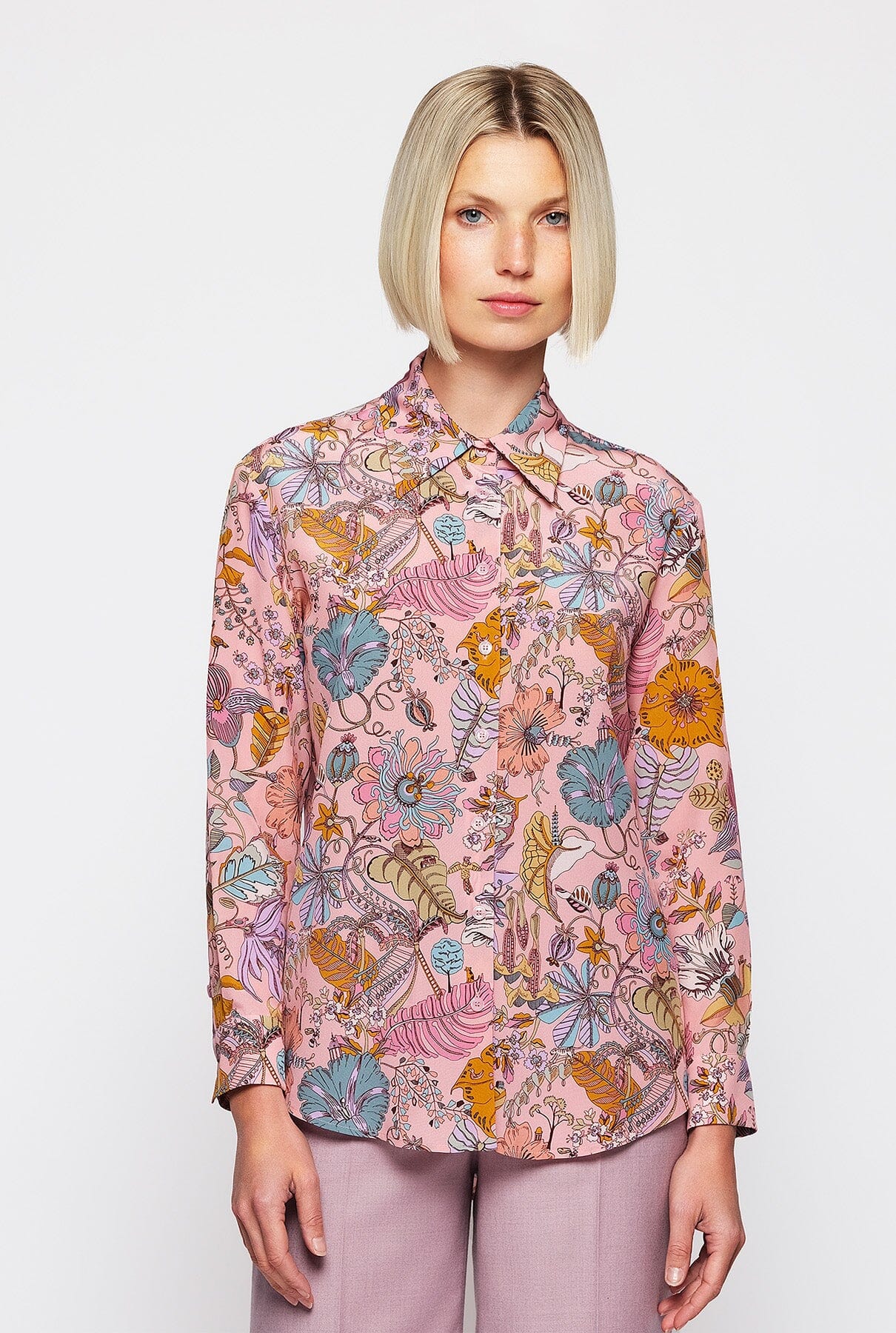 Pink fantasy print silk blouse Shirts & blouses Mirto 