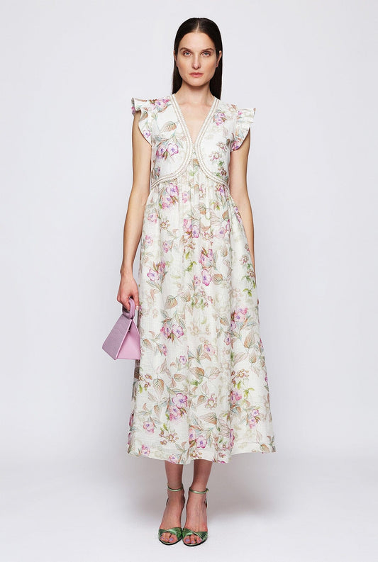 Pink floral print linen dress Dresses Mirto 