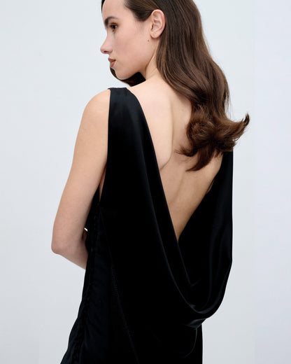 PRE ORDER | Fringed Black Satin Mini Dress Dresses PALOMO SPAIN 