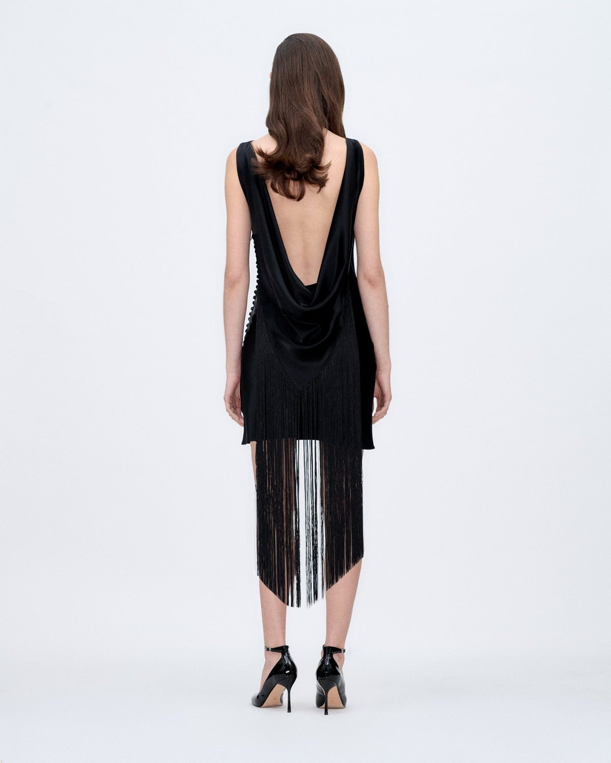 PRE ORDER | Fringed Black Satin Mini Dress Dresses PALOMO SPAIN 