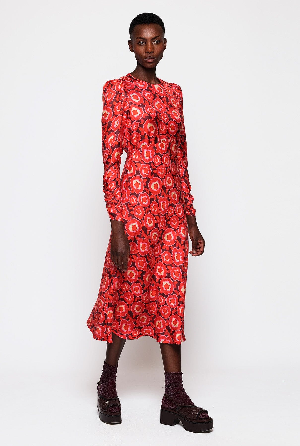 Red silk twill floral print dress Dresses Mirto 