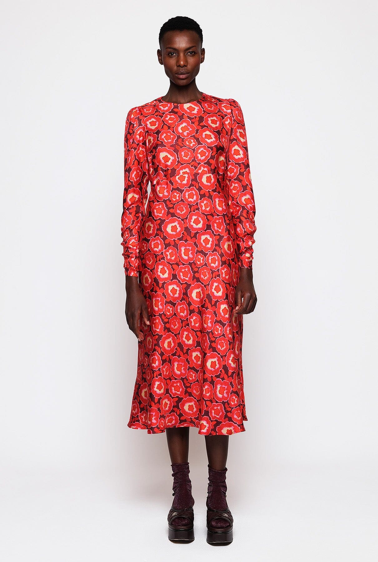 Red silk twill floral print dress Dresses Mirto 